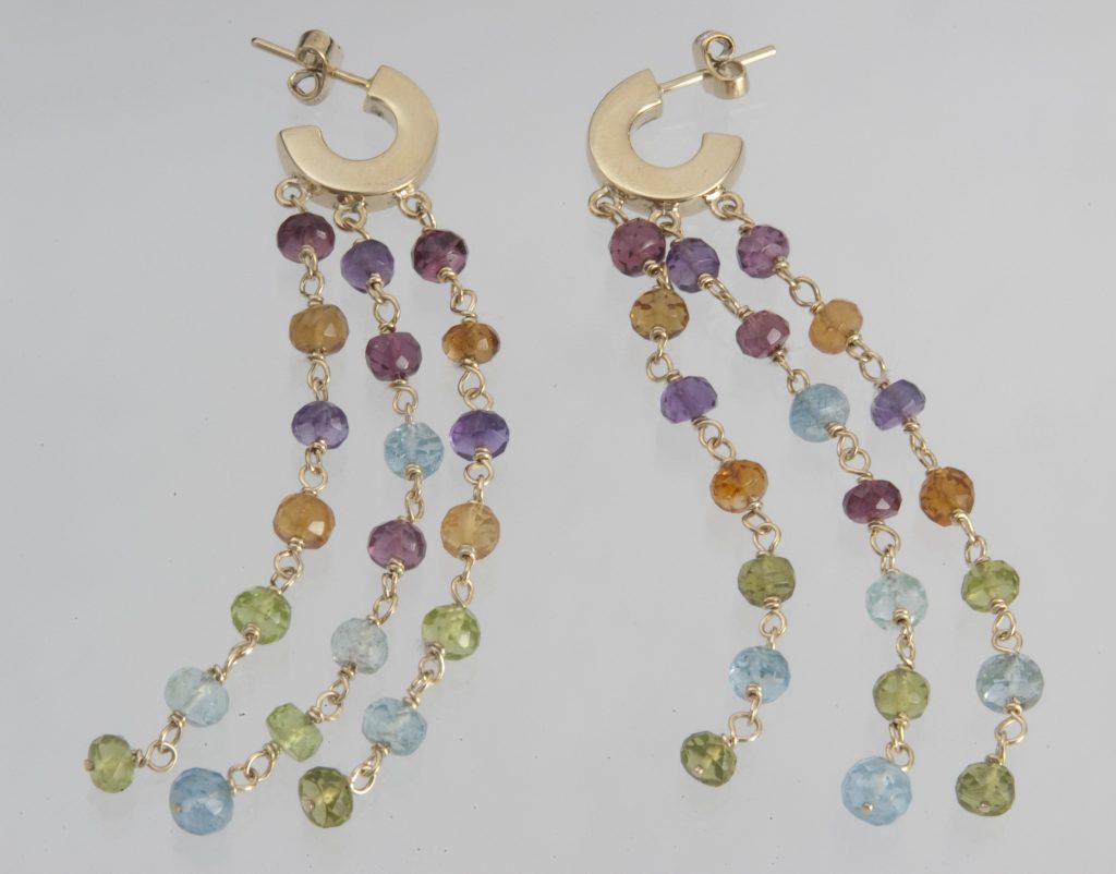 “Colourfull….” Earrings, gold, garnet, citrin, amethyst, peridot, aqua marine