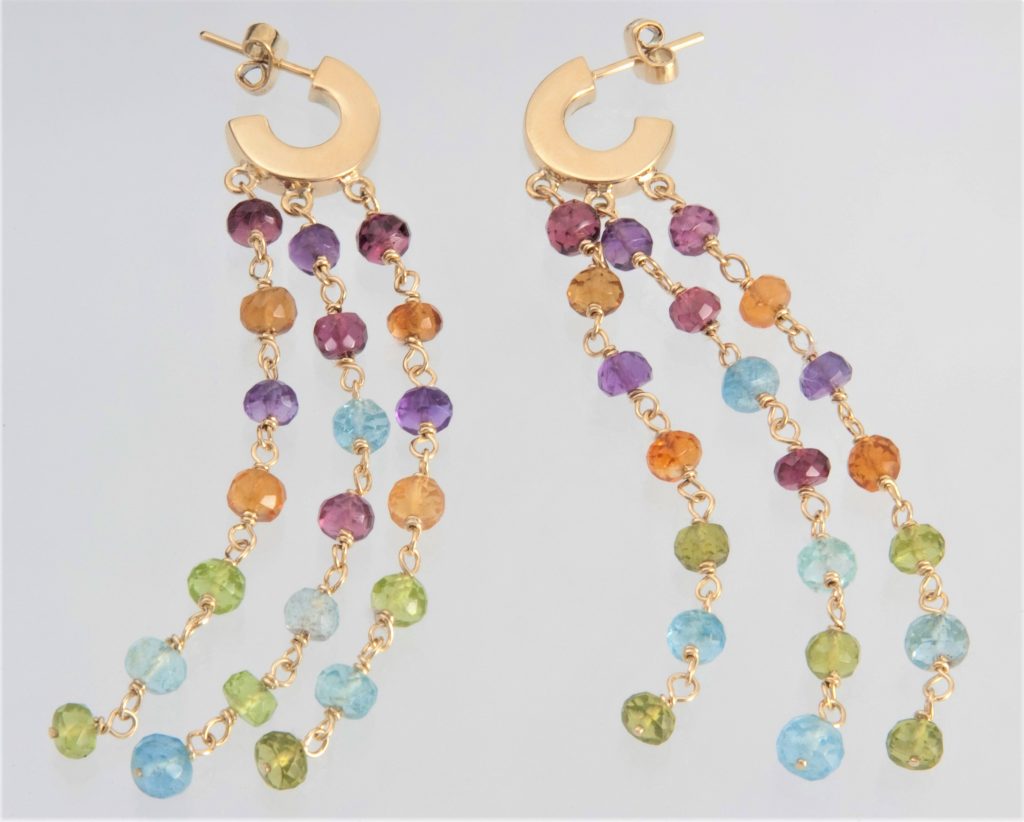 “Colourfull….” Earrings, gold, garnet, citrin, amethyst, peridot, aqua marine