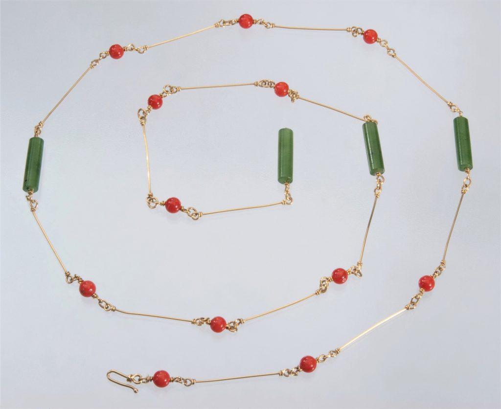 “Beverly” Necklace gold, jade, coral