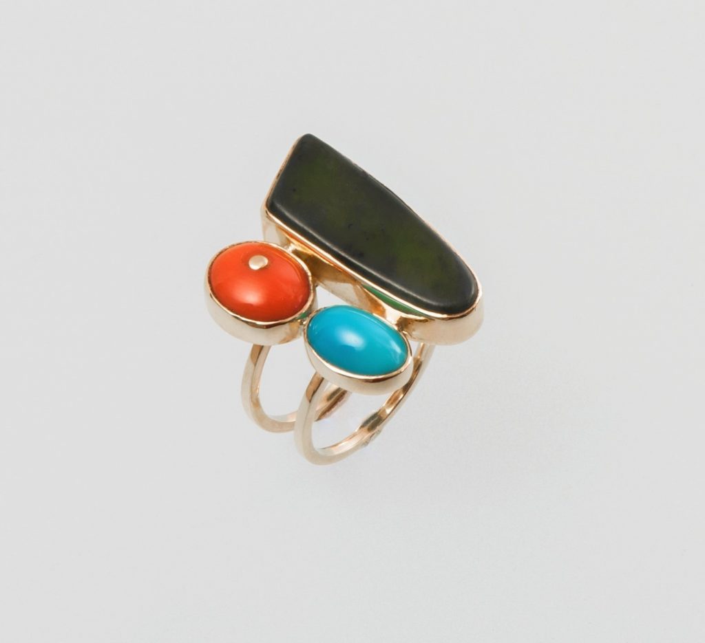 “Tricolore” Ring, gold, jade, coral, turquoise
