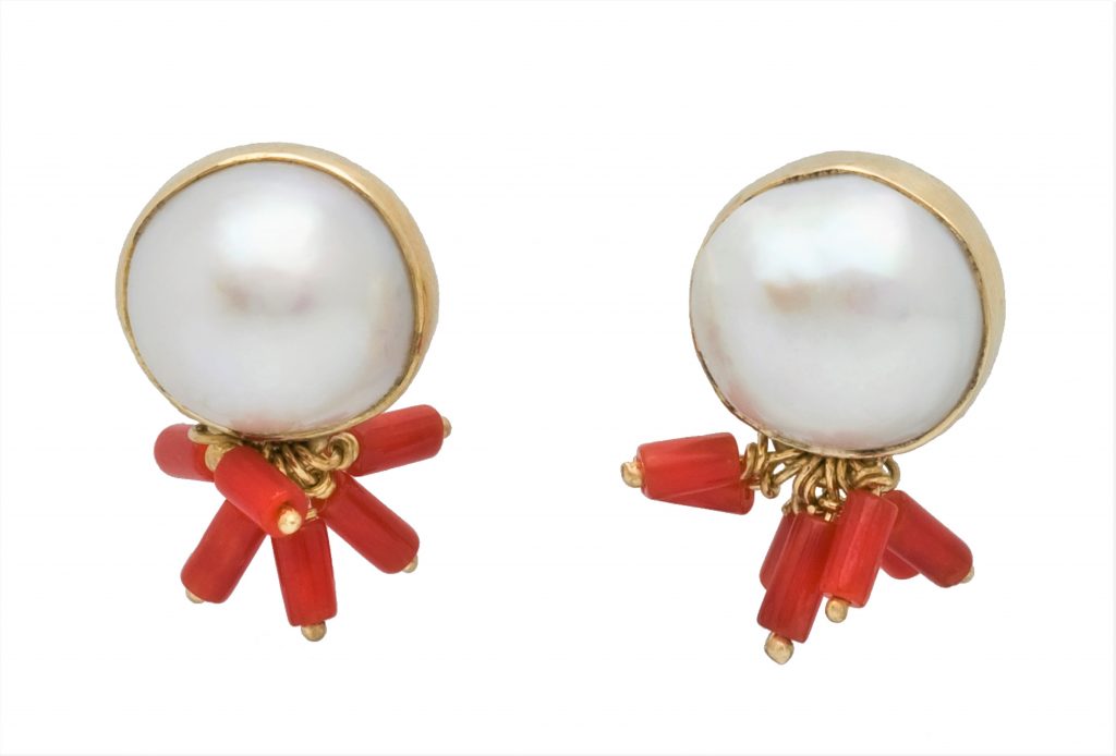 “Pearls with corals” Earrings, gold, pearl, coral