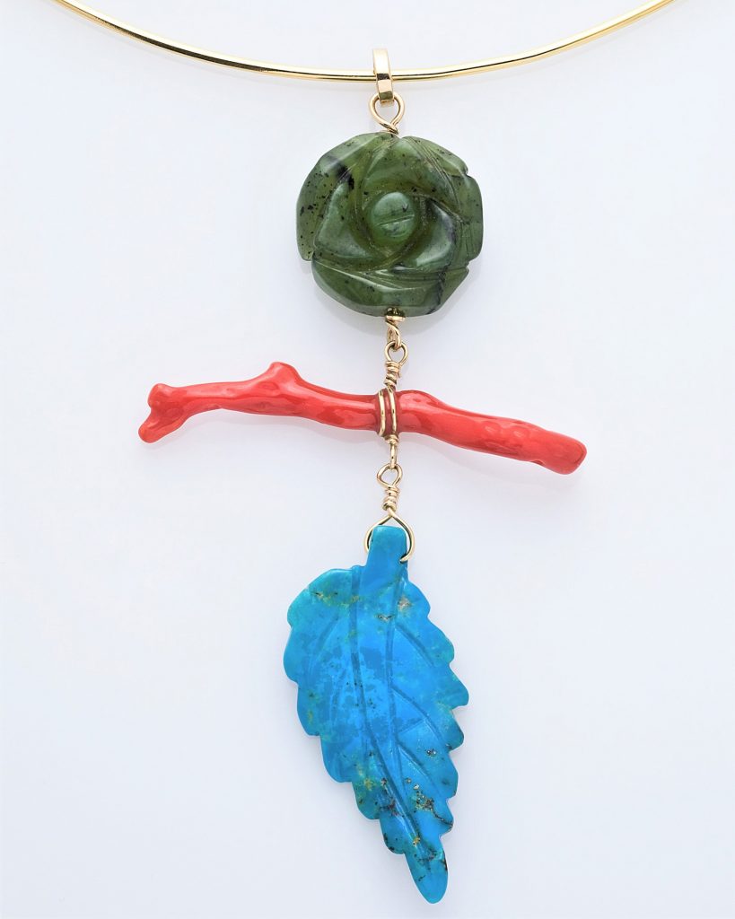 “co..co..colours..colours!” Pendant gold, jade, coral, turquoise