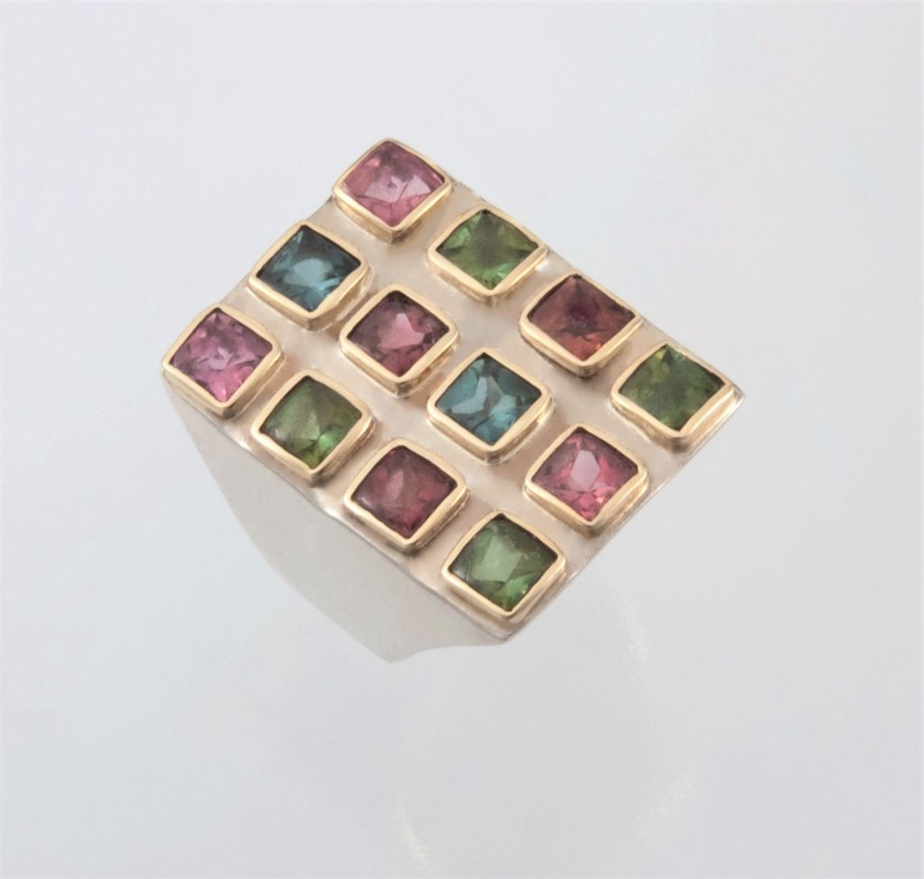 “Mosaique” Ring,  silver and gold, tourmaline