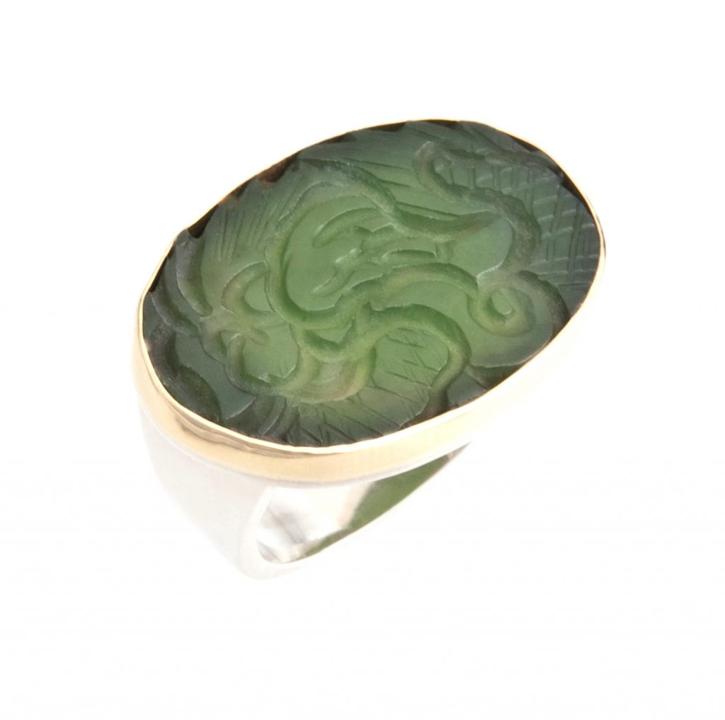 “Jade I “Ring, silver and gold, nephrite jade
