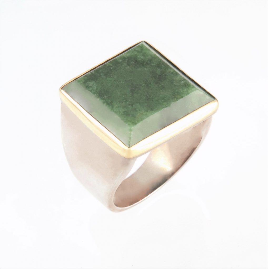 “Jade II” Ring, silver and gold, nephrite jade