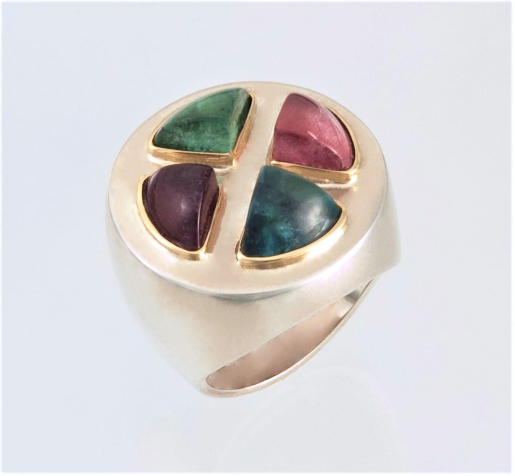 “Four Tourmalines”Ring, silver and gold, tourmaline