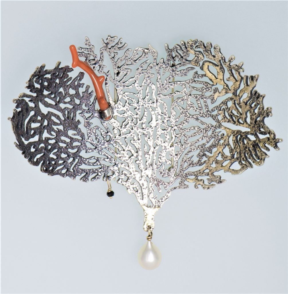“Coral heart” Brooch silver and gold coral, pearl, spinel