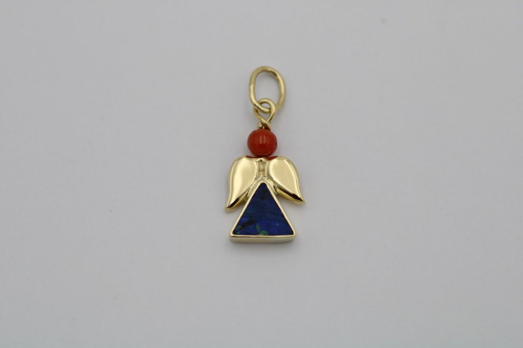 “Angel” Pendant, gold, azurmalachite, coral