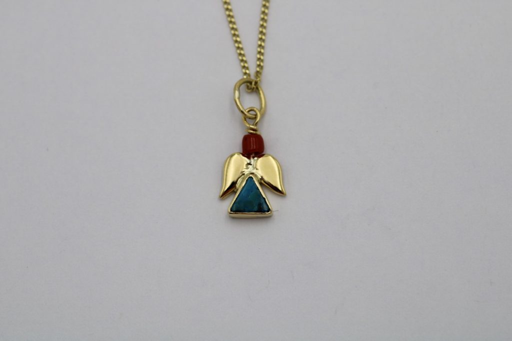 “Angel” Pendant, gold, turquoise, coral