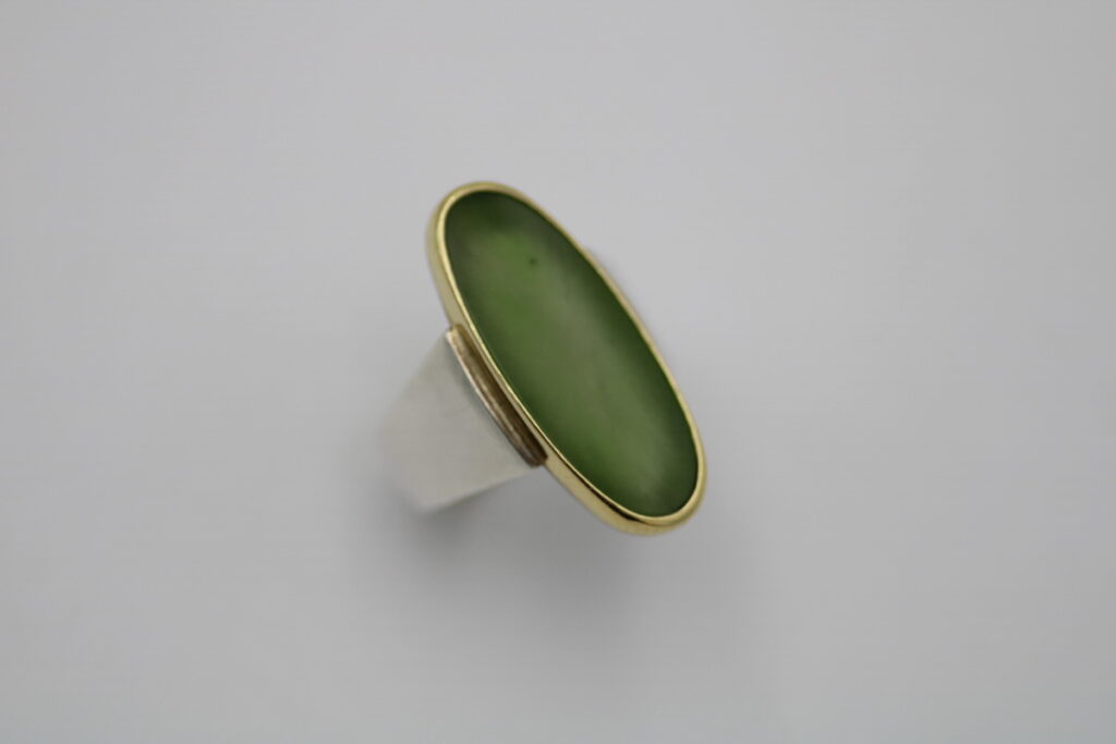 “Jade III” Ring, silver and gold, nephrite jade