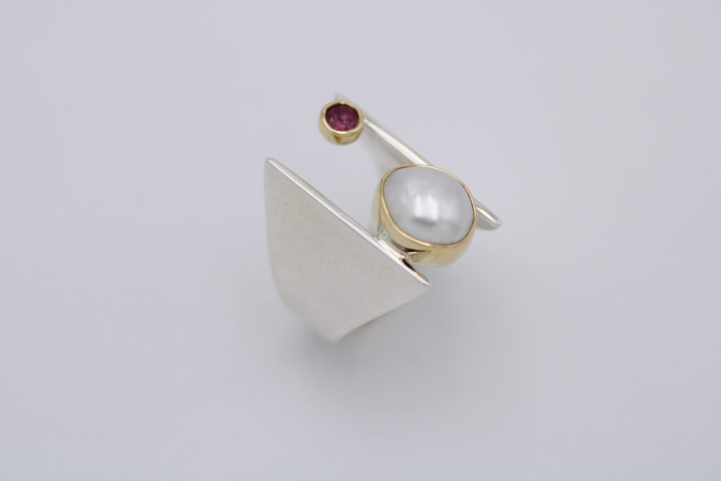 “Balance Ι” Ring, silver and gold, pearl, tourmaline