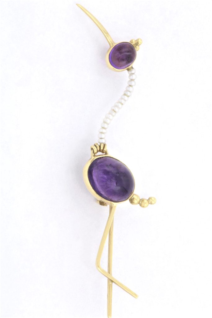 “Stork” Brooch gold , amethyst, pearls
