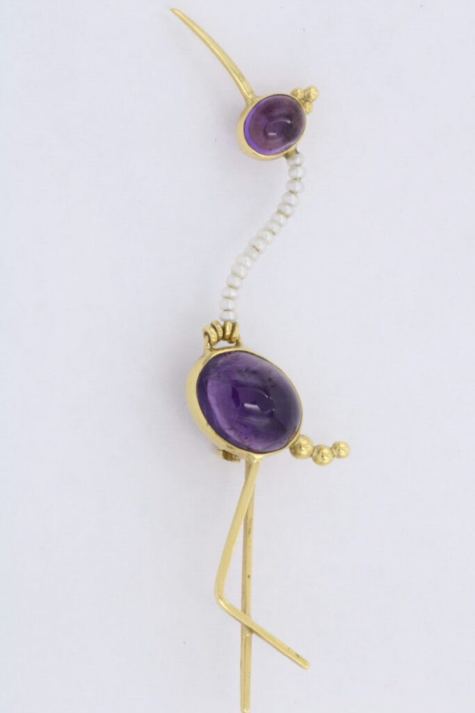 “Stork” Brooch gold , amethyste, pearls