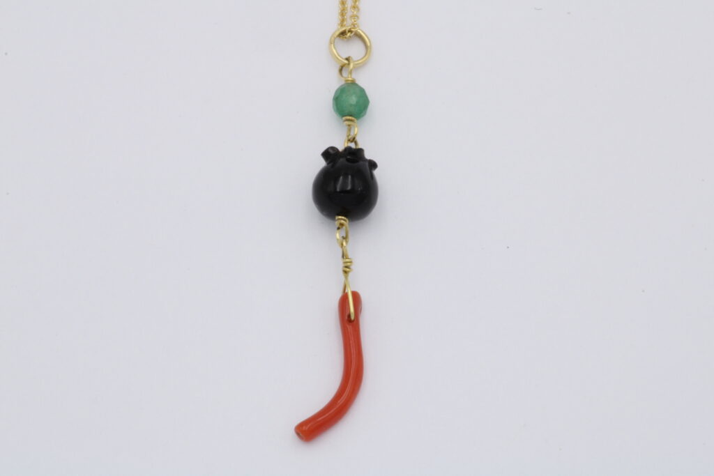“Black small tulip” Pendant gold, coral, agate, onyx