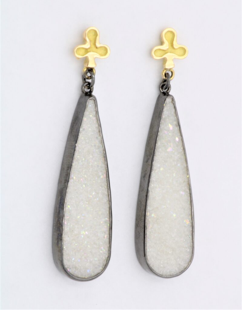 “Lucky tear” Earrings silver and gold, black, druzy quartz