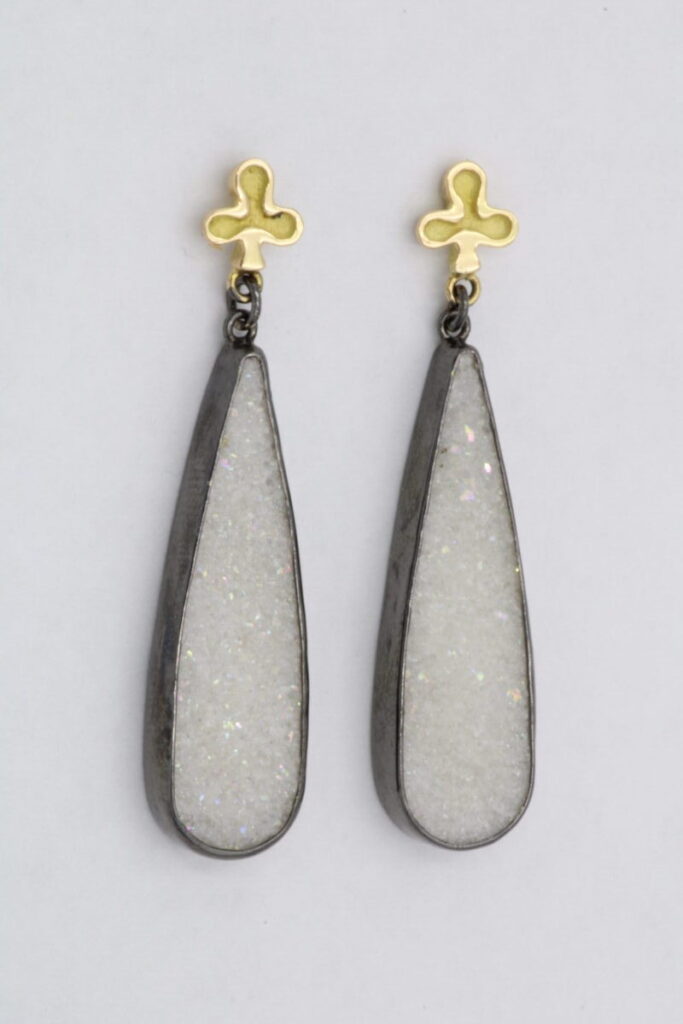 “Lucky tear” Earrings silver and gold, black, druzy quartz