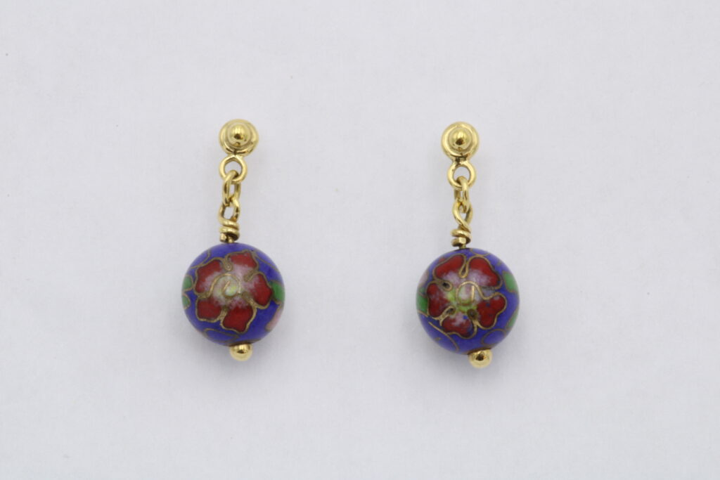 “Vintage” Earrings, gold, cloisonne beads