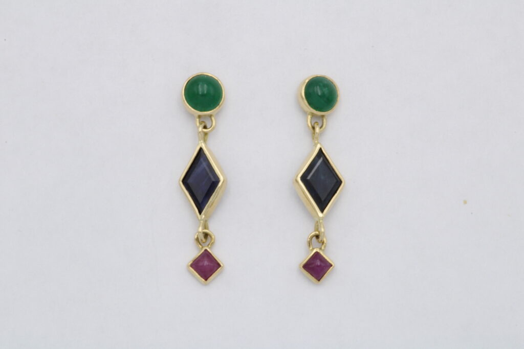 ”Precious colours“ Earrings, gold, emerald, saphire, ruby