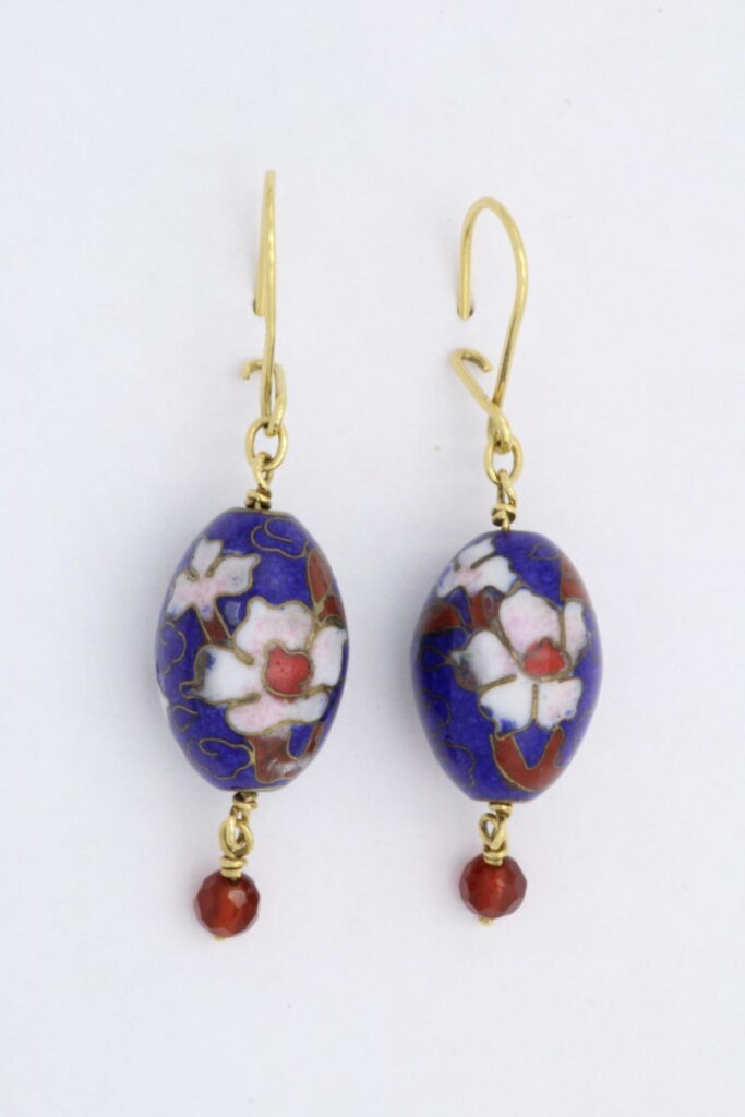 “Vintage” Earrings, gold, cloisonne beads, carneols