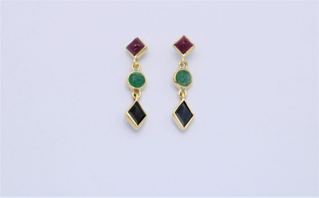 ”Precious colours“ Earrings, gold, emerald, saphire, ruby