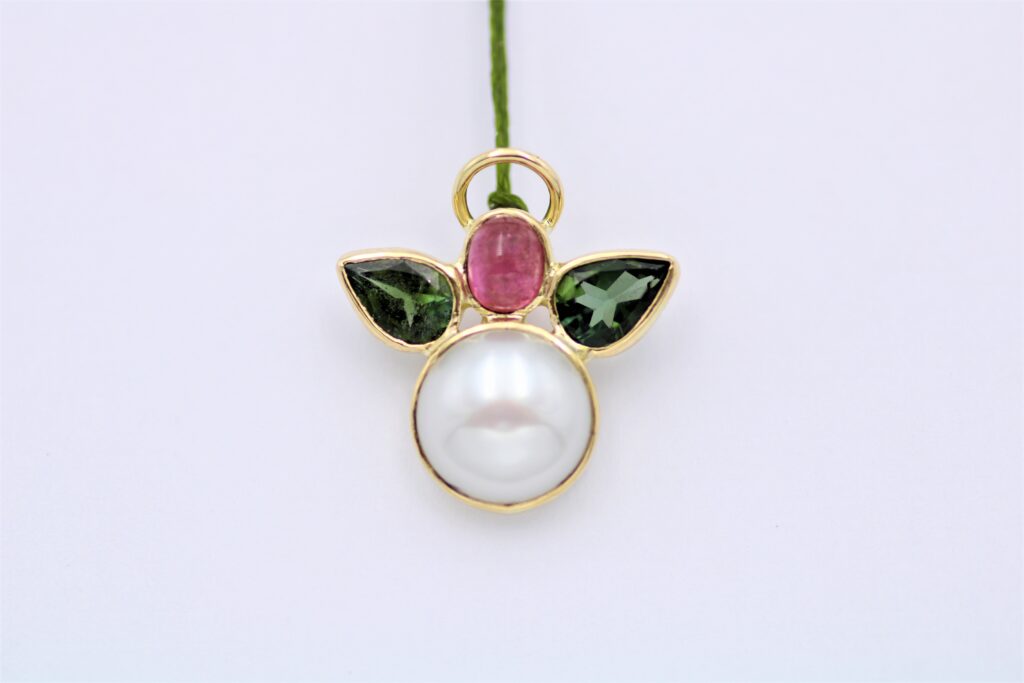 “Angel” Pendant, gold, tourmalines, pearl