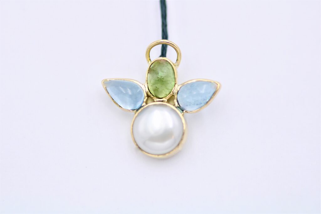 “Angel” Pendant, gold, pearl, tourmaline, aqua marine