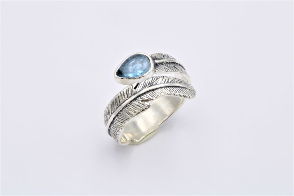 “Feather” Ring, silver, aqua marine