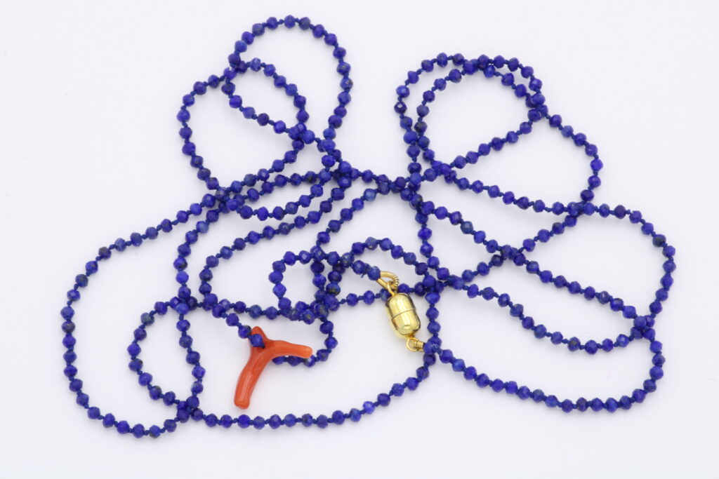 “Lapis with a twist” Necklace, silver, lapis, coral