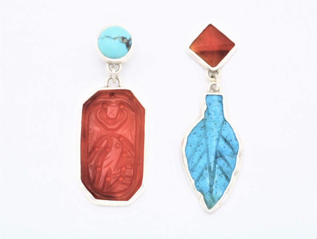 “Balanced asymmetry” Earrings silver, turquoise, carneol