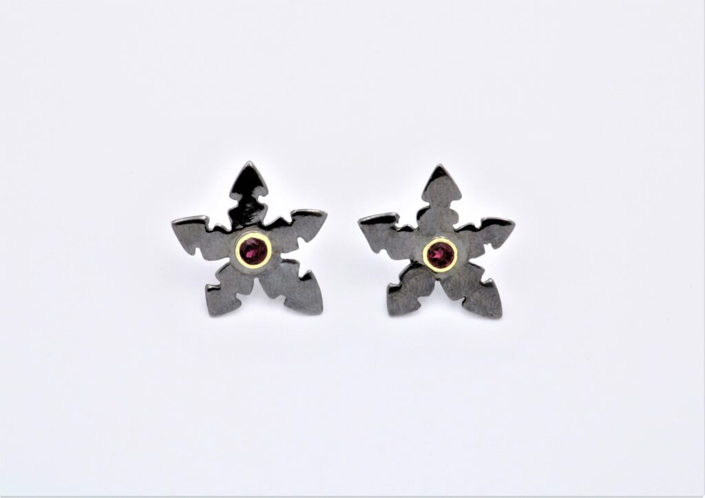 “Five arrows” Earrings silver and gold, black, tourmaline