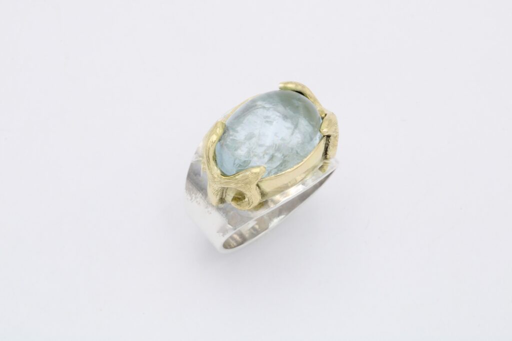“Byzantine I” Ring, silver and gold, aqua marina