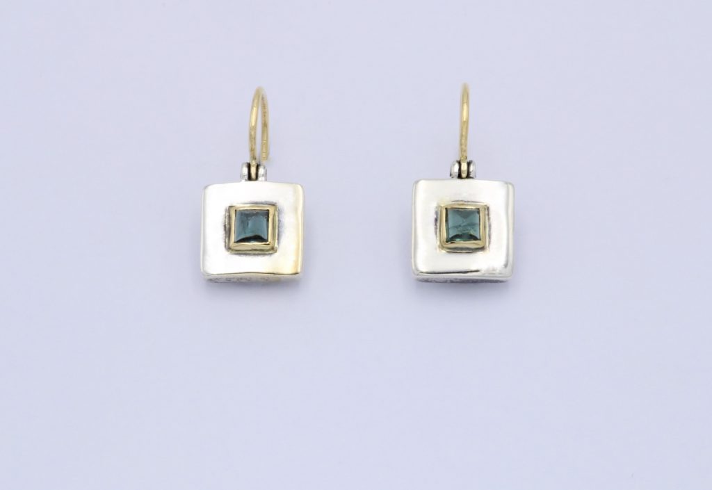 “Carre” Earrings silver and gold, tourmaline
