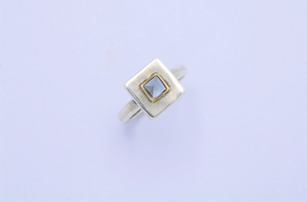 “Carre” Ring, silver and gold, tourmaline