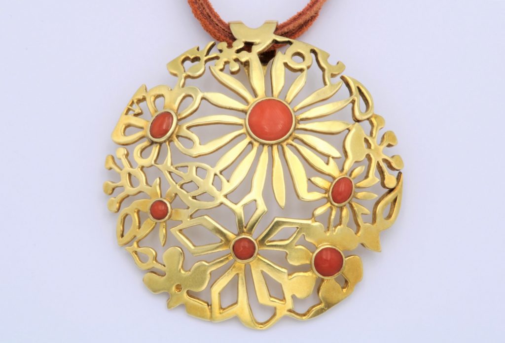 “Jungle” Pendant, silver, yellow, coral