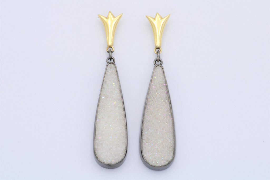 “Blossom drops” Earrings silver and gold, black, druzy quartz