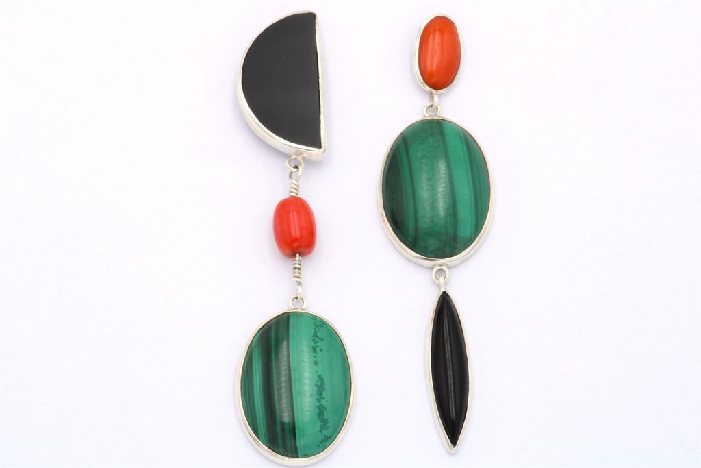 “Balanced asymmetry” Earrings silver, malachite, coral, onyx