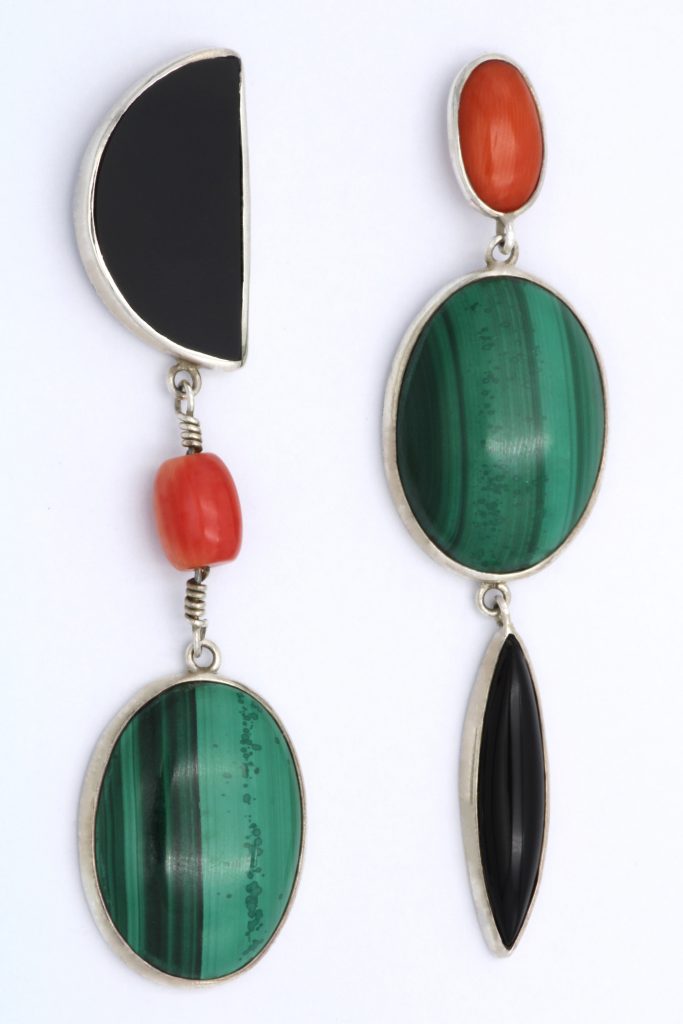 “Balanced asymmetry” Earrings silver, malachite, coral, onyx