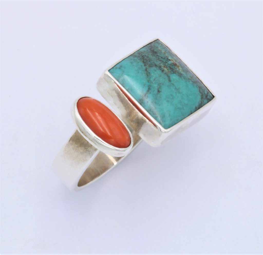 “Coral dot” Ring, silver, coral, turquoise