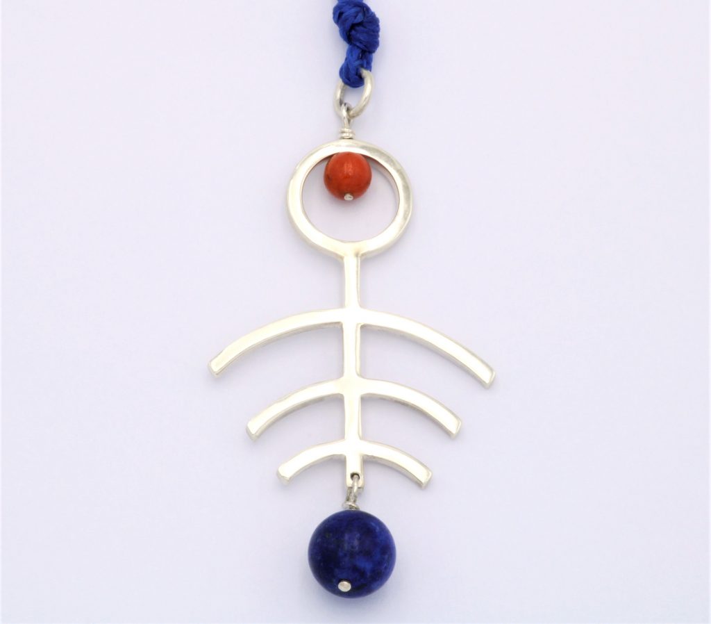 “Linear ΙΙ” Pendant silver, coral, lapis lazuli