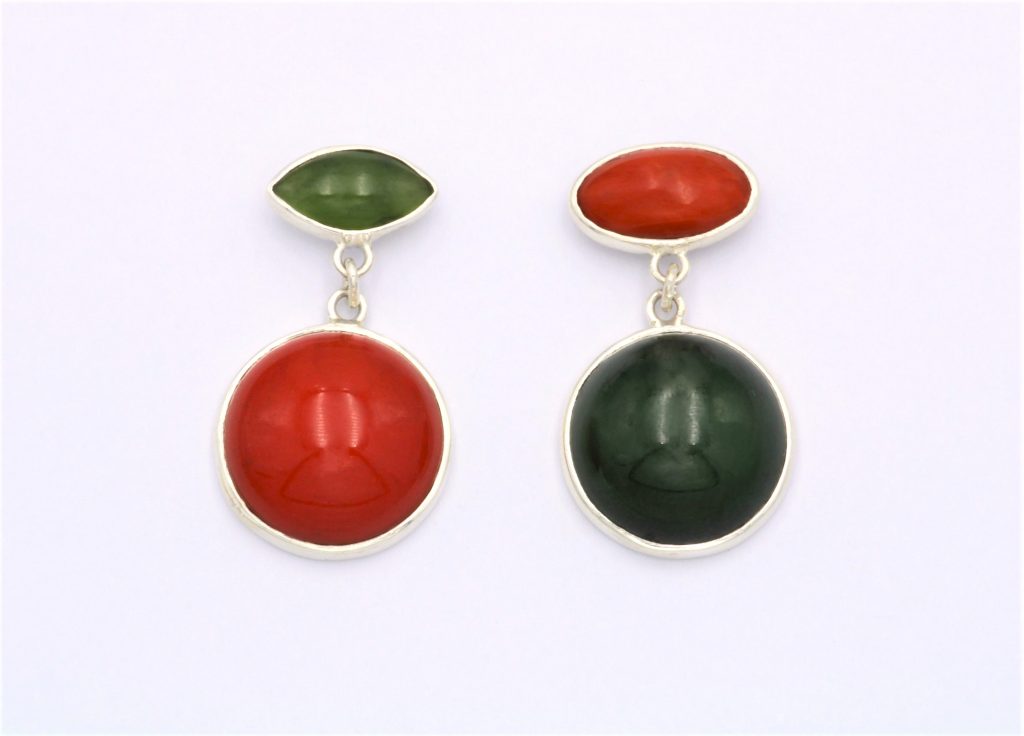 “Balanced asymmetry” Earrings silver, coral, jade