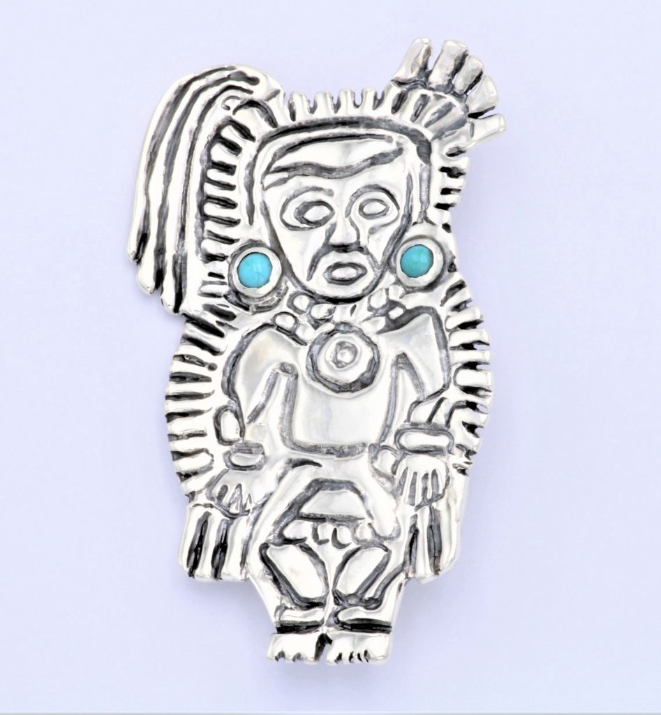 “Inca totem” Brooch silver turquoise