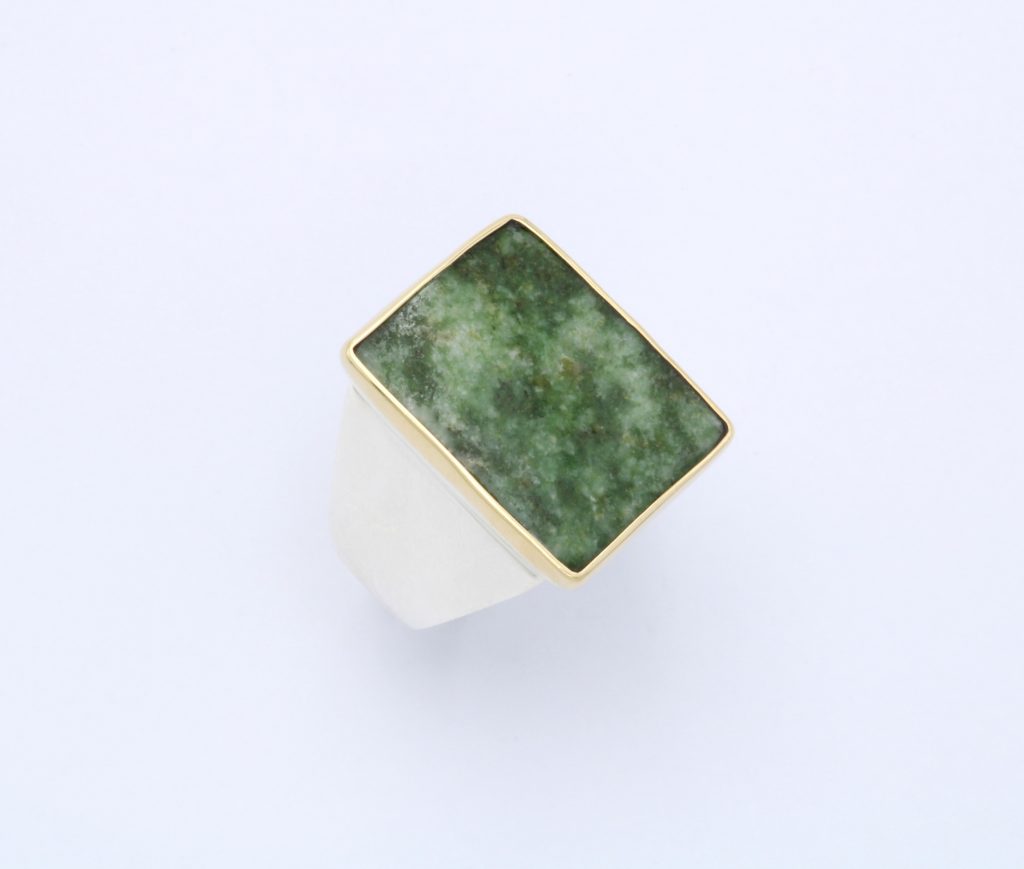 “Jade IV” Ring, silver and gold, nephrite jade