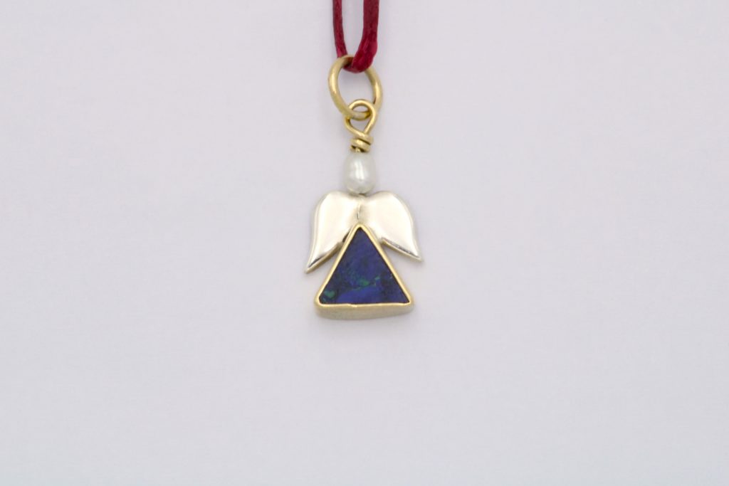 “Angel” Pendant, silver and gold, azurmalachite, pearl