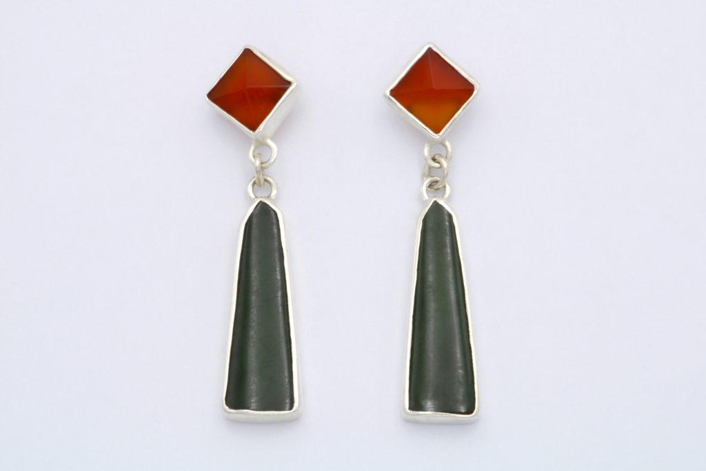 “Jade and carnelian” Earrings silver, jade, carnelian