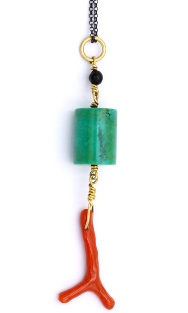 “Summertime” Pendant silver, yellow, coral, turquoise, onyx