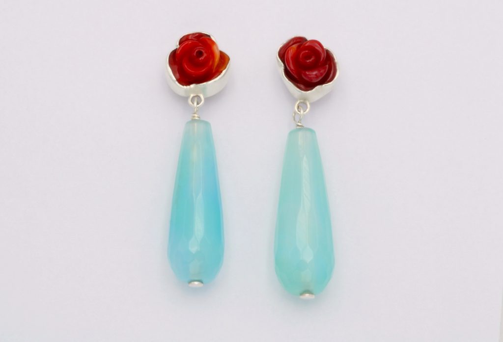 “Spring drops” Earrings silver, coral, quartz