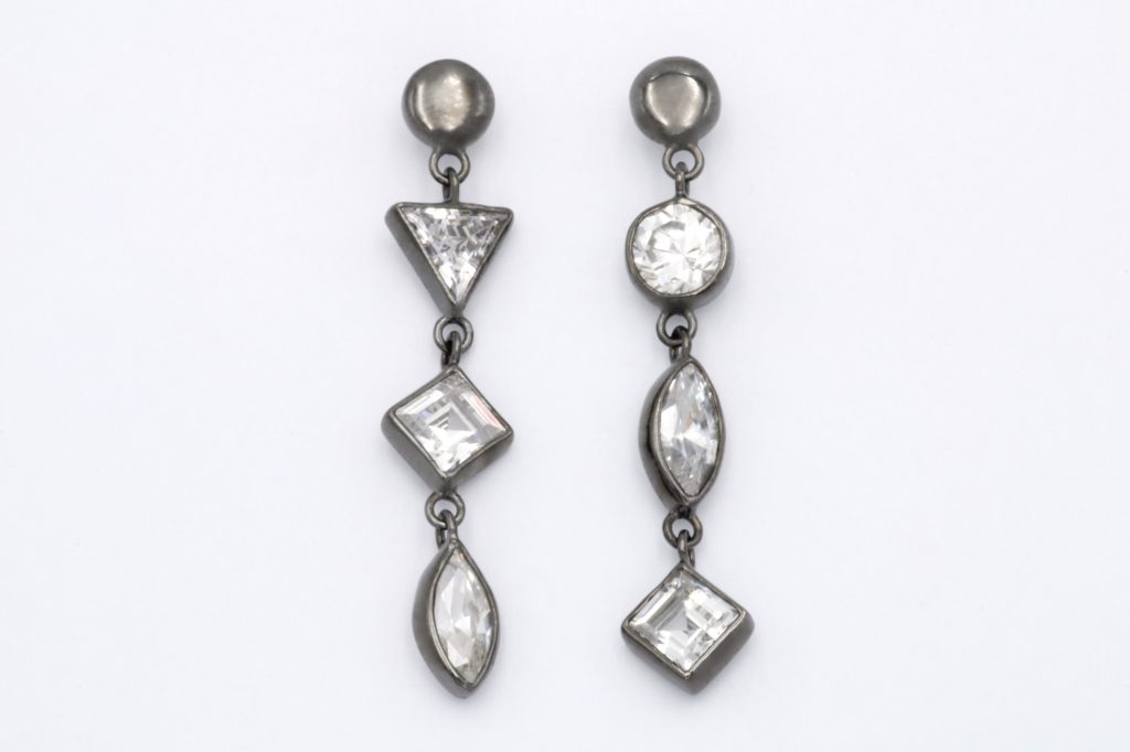 “Glam rock” Earrings, silver, black, cubic zirconiumm