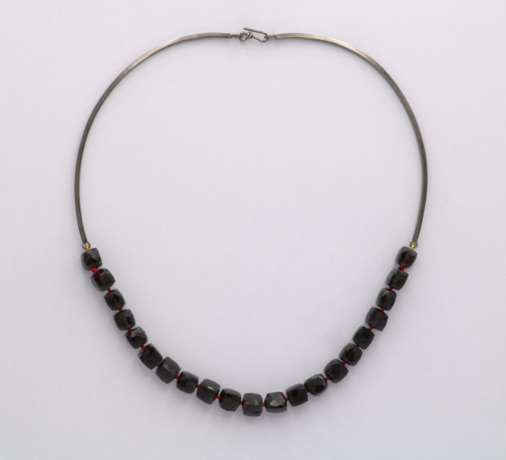 “Red thread on smoky quartz” Necklace, silver, black, smoky quartz