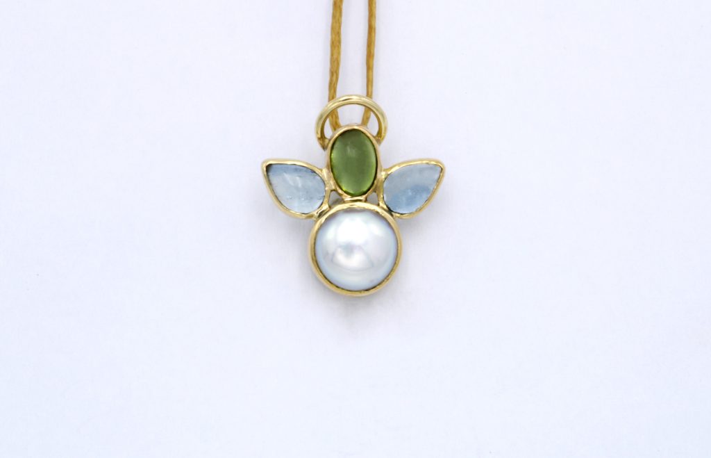 “Angel ΙI” Pendant, gold, pearl, tourmaline, aqua marine