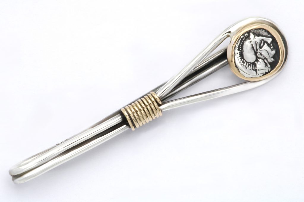 “Alkiviadis” Tie clip, silver and gold, coin